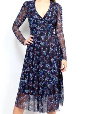 Floral Mesh Wrap Midi Dress - Blue